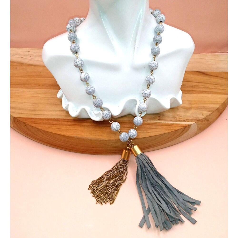 Baublebar Designer Acrylic Marbled Beads and Double Tassel Pendant Necklace